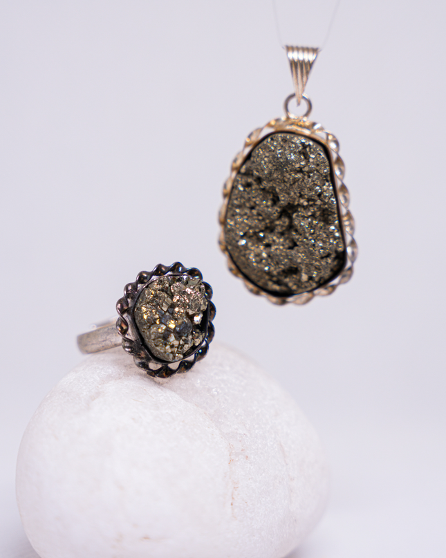 Raw Pyrite Adjustable Ring & Pendant Set – Natural Stone Jewelry